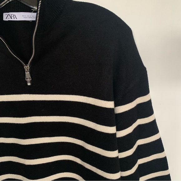 Zara 🆕 Breton Striped Marinière Sweater 1/4 Zip Parisian Chic Black Off White M - Picture 6 of 13